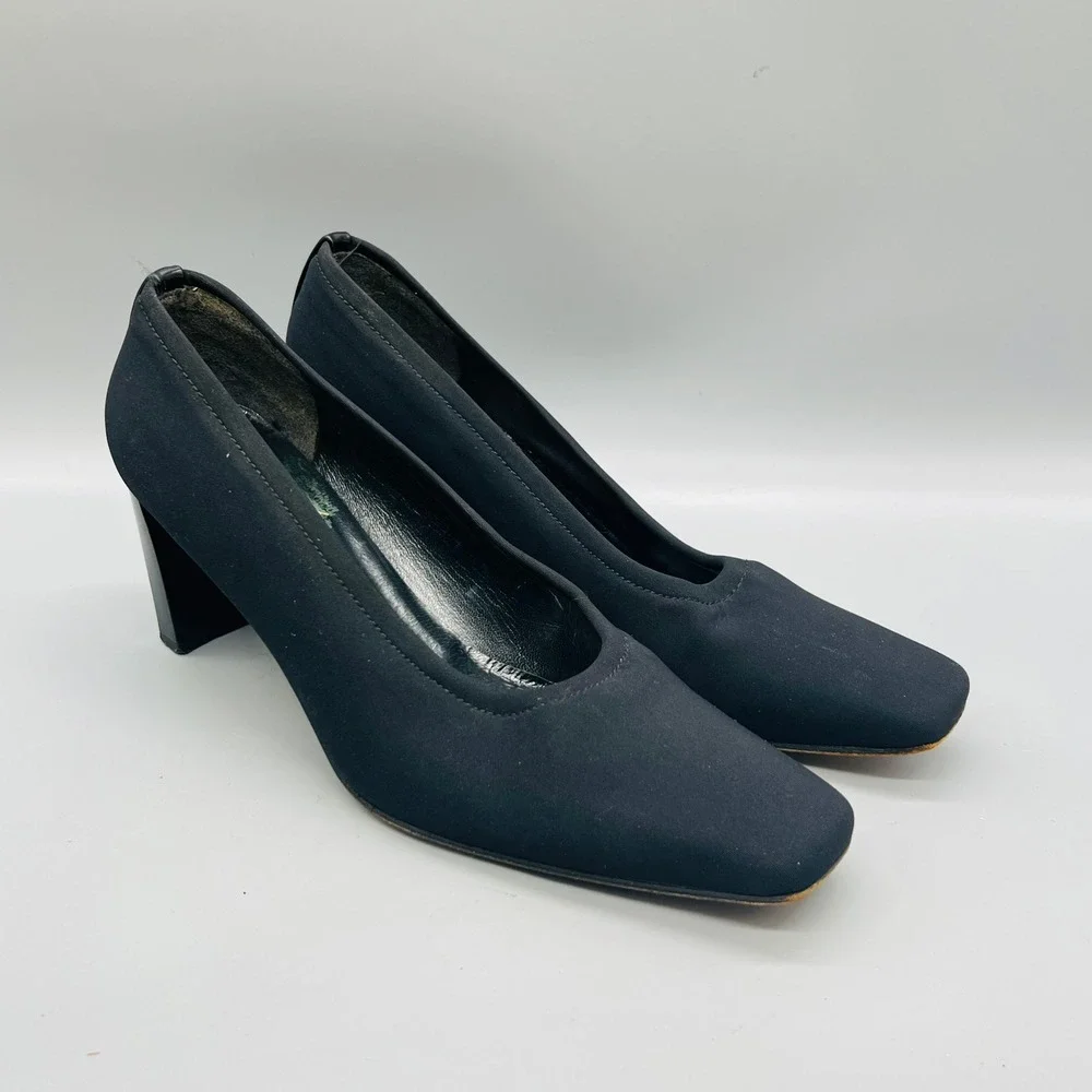 Stuart Weitzman Shoes Womens 8 Black Fabric Square Toe Block Heel Dress Pumps